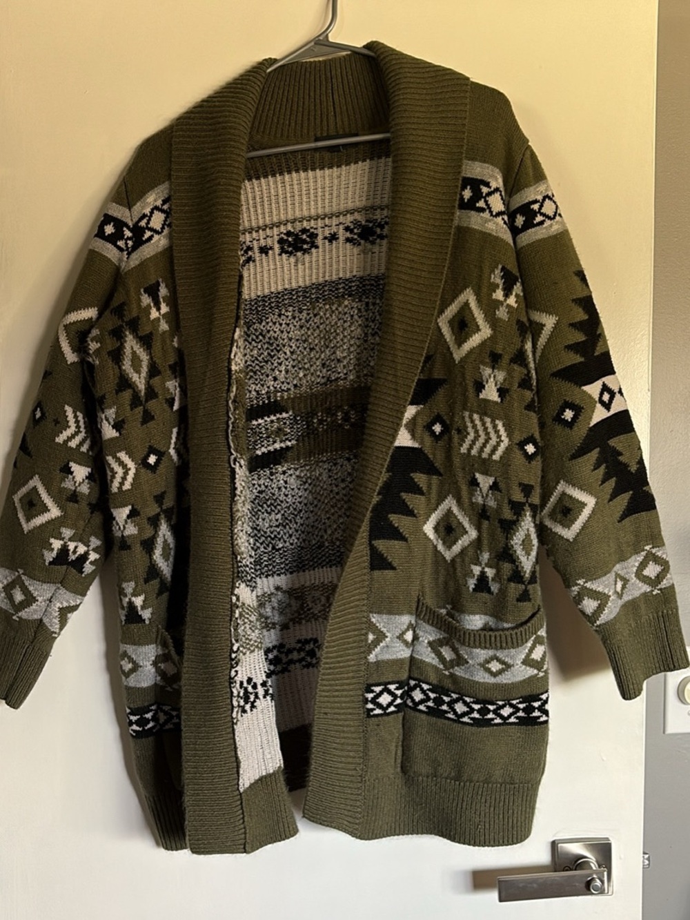 Olive Aztec Shawl Collar Cardigan Sweater